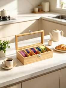 Wooden Tea Bag Storage Box Clear Glass‑Lid Divided Compartment Neat Tea Packet Organizer Decorative Countertop Tea Caddy For Kitchen Pantry Coffee Bar Table Decor - Natural Wood Color - View 4