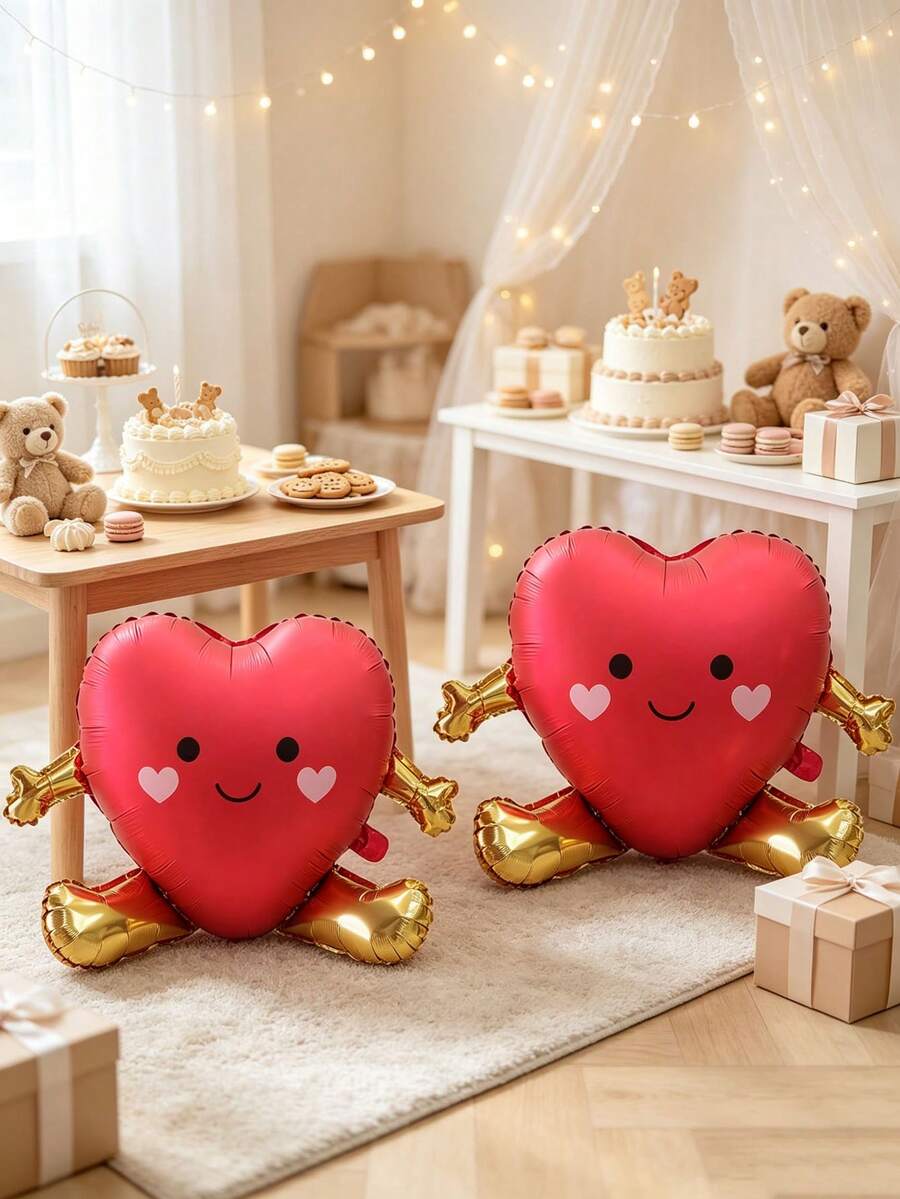 2pcs 74cm Red Sitting Cute Heart Cartoon Foil Balloons, Suitable For Valentine's Day, Birthday, Wedding Decoration Foil Balloon Set - View 1