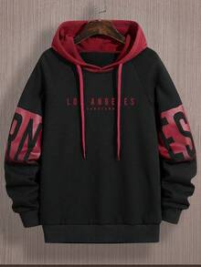 Men's Spring/Autumn Thin Colorblock Letter Print Drawstring Hooded Sweatshirt, Slim Fit Sports Casual Top - Red - View 2