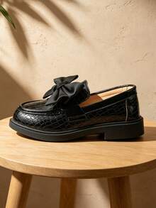 Girls Black Loafers Patent Leather Satin Bow Thick Non-Slip School Performance Versatile Shoes! - Black - View 6