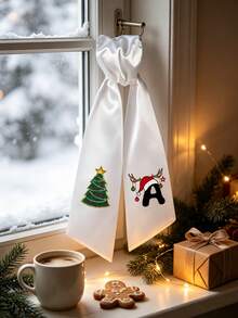 A-Z Letter Print Satin Wreath Sash, Long Decorative Ribbon With Christmas Tree, Santa Hat & Reindeer Antlers Pattern, Home Front Door Wreath Accessory, Holiday Gift Box Bow Ribbon, Christmas Party Home Decor, Gift For Family, Friends, Sisters, Holiday Gift, Back To School, Party Gift (Ribbon Only, Wreath Not Included) - Multicolor - View 5