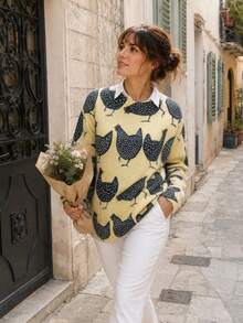 Women's Elegant Chicken Print Crew Neck Pullover Sweater, Ribbed Knit Detail, Medium Stretch, Suitable For Autumn/Winter Daily Wear - Yellow - View 3