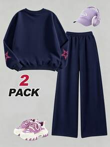 2pcs Set: Girls' College Style Digital Graphic Print Crew Neck Sweatshirt And Printed Casual Wide Leg Pants, Suitable For Autumn/Winter, School, Shopping And Sports - Navy Blue - View 4
