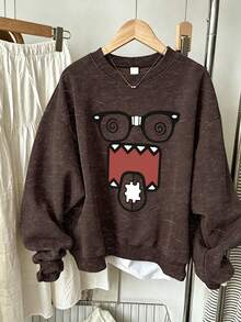Big Girls Crew Neck Sweatshirt, Washed Fun Cartoon Monster Face Print Loose Drop Shoulder Pullover, Spring/Autumn - Brown - View 1