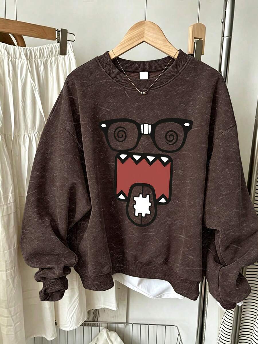 Big Girls Crew Neck Sweatshirt, Washed Fun Cartoon Monster Face Print Loose Drop Shoulder Pullover, Spring/Autumn - Brown - View 1