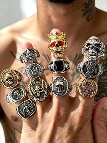 Vintage Skull Men's Ring Set Punk Gothic Style Crown Gemstone Distressed Wide Rings Men's Unique Niche Stackable Finger Rings Gothic Hip Hop Halloween Gift Random Style 1pc/2pcs/3pcs/4pcs/5pcs/6pcs/7pcs - Multicolor - View 3