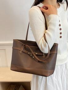 Women Color‑BlockTote Bag, Large Capacity Shoulder Handbag With Gold Metal Buckle For Work Daily Travel - Coffee Brown - View 6
