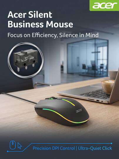 Acer ماوس سلكي مريح للأعمال المكتبية بتصميم مريح لليد، هادئ، مناسب للألعاب والاستخدام العام OMW020