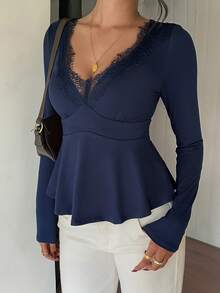 SCARLUX Autumn Y2K Deep Blue V-Neck Fitted Long Sleeve Top, Basic Style, Suitable For Back To School, Business And Casual Wear - Navy Blue - View 8