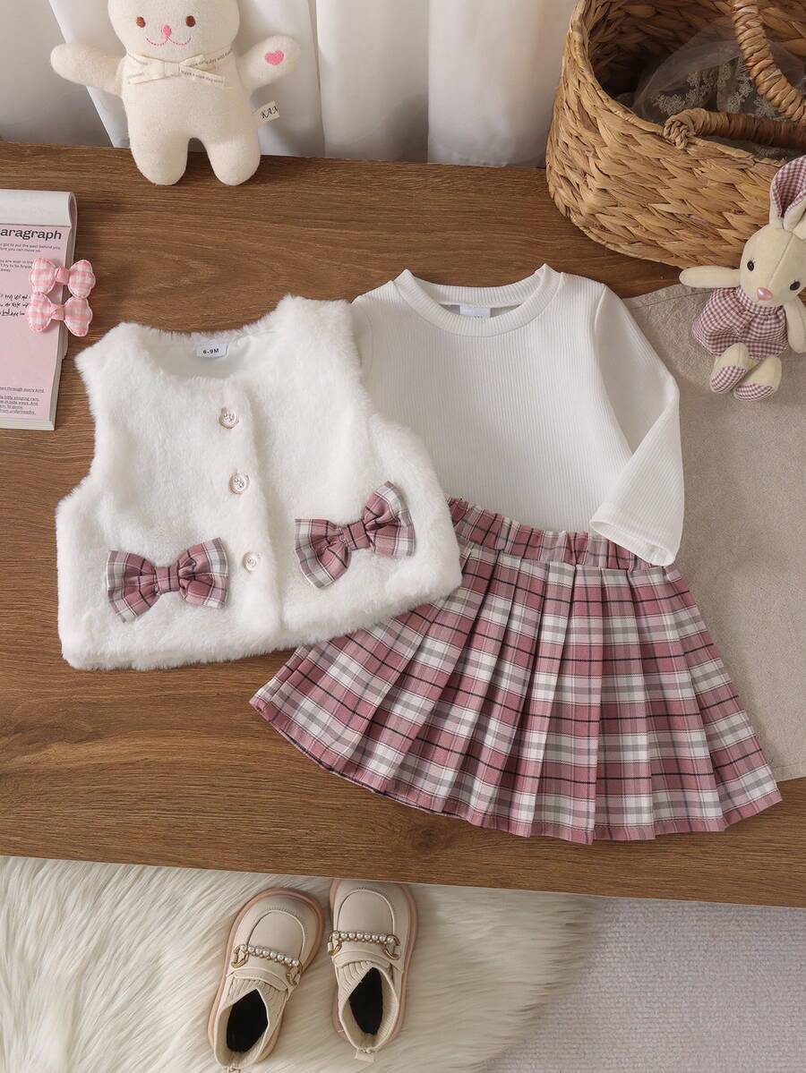 3pcs Baby Girl Sweet Academic Style Apricot Fuzzy Vest + White Base Layer + Plaid Skirt Set, Autumn/Winter - White - View 1