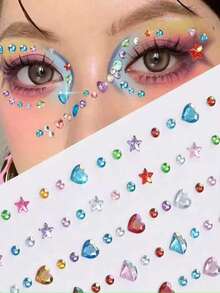 Rainbow Color 3D Glitter Gem Stickers, 2pcs Shiny Heart & Star Shaped Sequin Stickers Self-Adhesive Rhinestone Design Suitable For Makeup & Clothing, Multi-Color Diamond Face Decoration Suitable For Valentine's Day Holiday Party Events - Multicolor - View 4