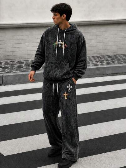 Zrgoth Men's Faux Washed Distressed Hoodie & Wide Leg Pants Set, Colorful Gemstone Cross Print Vintage Gothic Streetwear Casual 2 Pieces Outfit