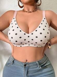 2PCS Plus Size Polka Dot Wireless Bra For Women Padded Wide Strap V-Neck Adjustable Back Closure No Underwire Soft Push Up Cami Bralette - Multicolor - View 4