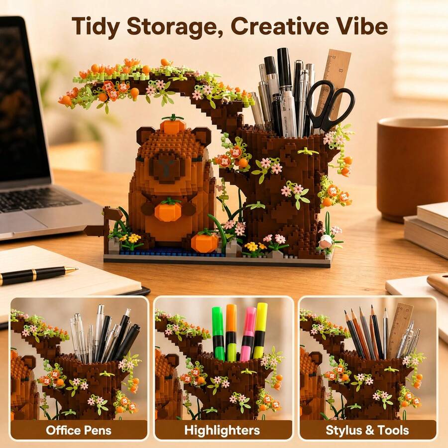1160pcs Set Model Balok Bangunan Partikel Kecil Capybara Tempat Pena Penyimpanan Balok Dekorasi Tingkat Kesulitan Tinggi Model Buatan Tangan Edukatif Ornamen Koleksi Dekorasi Kantor Hadiah Paskah Natal Halloween Hari Valentine (Pena Tidak Termasuk, Hanya Untuk Pajangan)