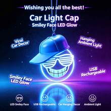 1Pc Cool Smiling Face Car Hanging Neon Light With Hat, USB Rechargeable LED Auto Rearview Mirror Pendant Lamp, Colorful Glowing Interior Decor Ornament - Multi-color light - View 7