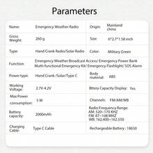 Daykit Radio Cuaca Darurat NOAA Portabel dengan Engkol Tangan, Tenaga Surya dan Baterai Cadangan, AM/FM/NOAA, Alarm SOS, Baterai Isi Ulang 2000mAh, Senter 3 LED, Pengisian Daya Type-C, untuk Dalam Ruangan, Luar Ruangan, Mendaki, Berkemah dan Keadaan Darurat - Hijau Tentara - View 12