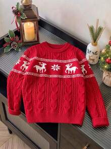 Girls' Elegant Deer Pattern Round Neck Cable Knit Pullover Sweater, Suitable For Christmas, Casual Wear, Spring, Autumn, Winter - Red - View 3