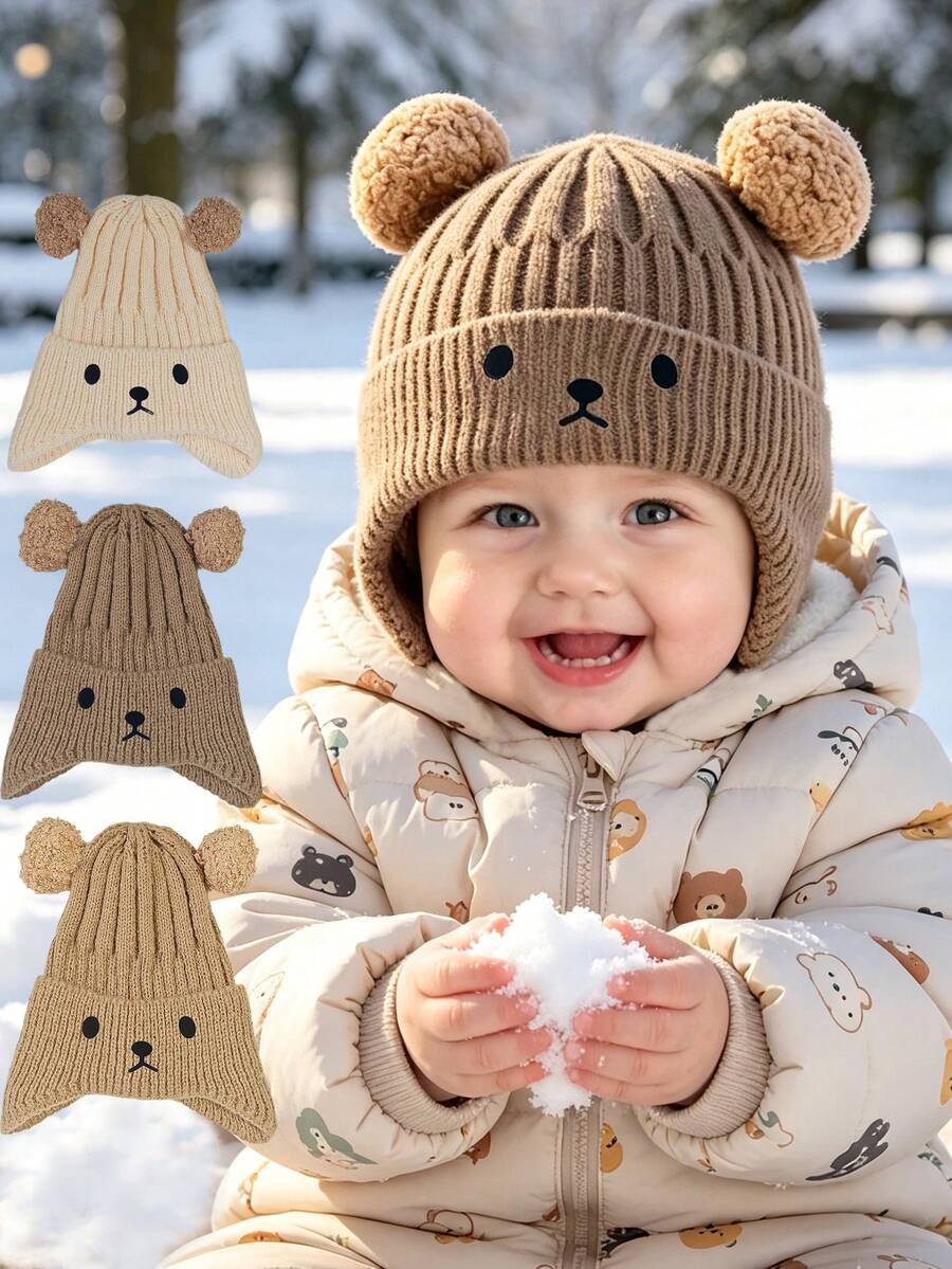 1pc Infant Ribbed Knitted Earflap Beanie , Cute Double Pom Pom Bear Ear Decor Winter Warm Toddler Hat Suitable For 1-3 Years Old Outdoor Use - Multicolor - View 1