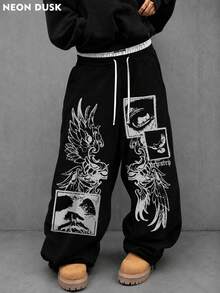 Men's Black Gothic Pattern Double Waistband Loose Sweatpants, Y2K Street Style, Suitable For Daily Wear, Party And Hip-Hop Street Looks - Black - View 1