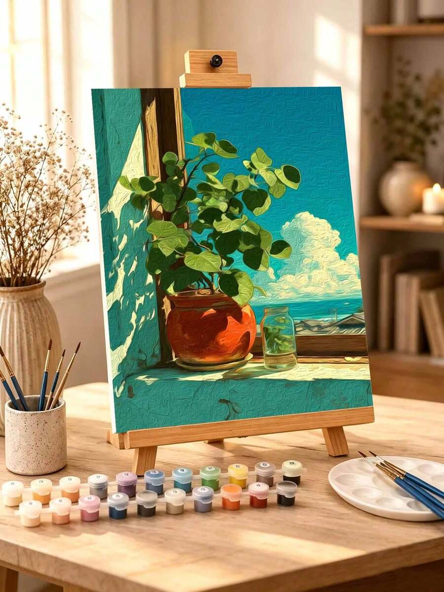 DIY Potted Plant By Sea View (Frameless Or Framed 8x12 / 16x20 Inches) Paint By Numbers Kit(Acrylic) Arts & Crafts For Adult Beginners, Relaxing Home Wall Decor, And Perfect Holiday Gifts And Room Decorations - Sets - View 1