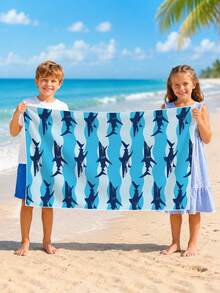 1pc Shark Wave Pattern Kids Beach Towel, Super Absorbent Large Beach Blanket, Suitable For Travel, Swimming Pool, Diving, Surfing, Yoga, Camping, Available In Multiple Sizes, Beach Accessories - Multicolor - View 1