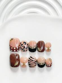 10pcs Luxury Handmade Press-On Nails, Polygel Nail Art Set, Leopard Print, Rhinestone, Black & Brown Nail Polish, Charming Style, Includes Nail Tools, 3 Sizes Available, Square, Short Square, Almond Shape, Suitable For Party, Dancing, Daily Wear (Handmade Details May Vary) - Multicolor - View 13