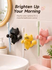 This Cute Cat-Shaped Wall-Mounted Storage Rack Functions As Both A Toothbrush Holder And A Cable Clip. It Features A Drill-Free Hook Design, Suitable For Bathroom Counters, Desks, And Charging Cable Organization, Making It Practical And Aesthetically . - Multicolor - View 7