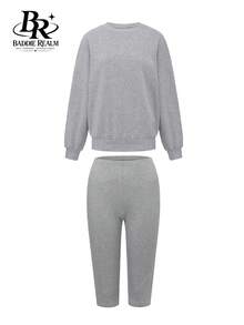 BADDIE REALM Women's Casual Rib-Knit Round Neck Sweatshirt And Cropped Leggings Set, 2 Pieces For Fall And Winter - Grey - View 9