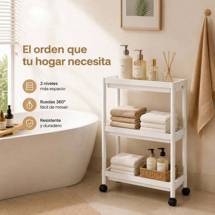 Carro de almacenamiento con ruedas de una pieza, estante de almacenamiento móvil para baño, estante de almacenamiento multifuncional, adecuado para espacios de baño estrechos, accesorios de baño. - Blanco - Ver 1