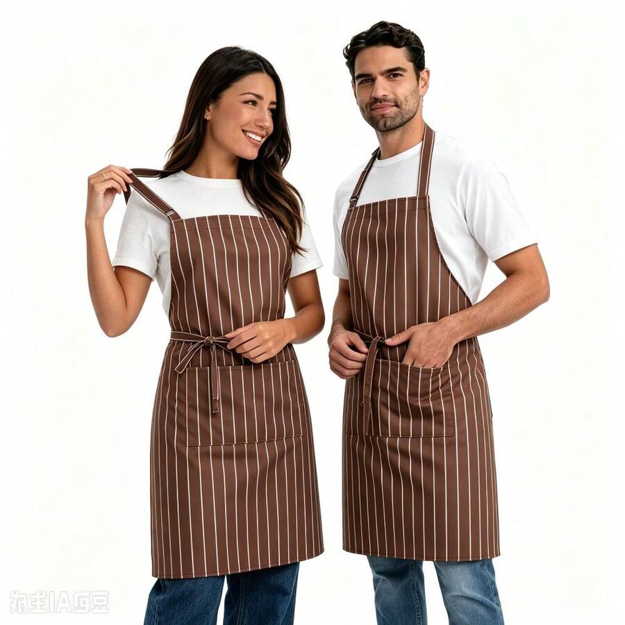 Brown & White Striped Couple Kitchen Apron Set, Adjustable Halter Apron With Pockets, Multi-Purpose Work Apron For Cooking, Baking, Gardening, Crafting - Multicolor - View 1