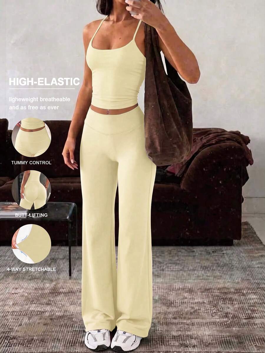 NOIRLYN Setelan Olahraga Wanita 2 Potong Musim Panas Seksi Atasan Tank Top (Dengan Bantalan) dan Celana Panjang Lurus Pinggang Tinggi, Cocok untuk Yoga dan Gym - Aprikot - View 1