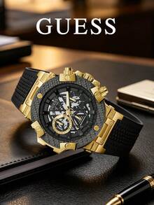 GUESS GW0486G2 男士石英計時腕錶，金色錶殼、碳纖維錶圈、黑色穿孔混合錶帶、鏤空錶盤運動風格時尚腕錶 - GW0486G2 - 查看 2