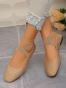 Spring/Autumn New Women's Apricot Flat Shoes With Cross Elastic Strap, Square Toe Slip-On, Soft Versatile Ballet Style Mary Jane Shoes - Apricot - View 4