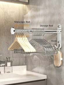 1pc Wall-Mounted Drying Rack, Stainless Steel Foldable Telescopic Clothes Rod, Pull-Out Hanging Rod, Storage Organizer, Space-Saving Wall-Mounted Design, Suitable For Closet Storage, Bathroom, Laundry Room - Multicolor - View 7