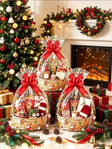 10pcs/Clear Merry Christmas Plastic Gift Bags With Red Satin Ribbon Bow, Christmas Holiday Gift Packaging Supplies, Empty Bags, No Internal Items - Multicolor - View 6