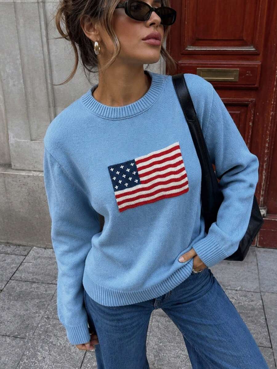 New Women's Independence Day Round Neck Blue Sweater With American Flag Pattern Ribbed Collar Pullover Knit Top Casual Versatile Everyday Wear - Blue - View 1