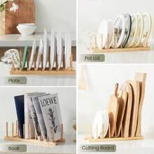 1pc Bamboo Vertical Dish Rack, Multi-Compartment Display & Draining Rack, Kitchen Countertop Plate & Cup Storage Rack, Convenient Large Capacity, Suitable For Pot Lid Rack, Cutting Board Rack, Kitchen Desktop Storage, Kitchen Decor, Book Storage, Tableware Storage - Brown - View 8