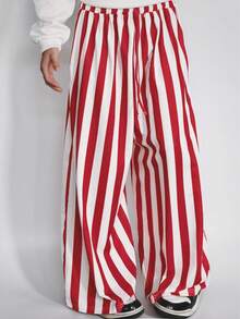 Celana Panjang Wanita Ukuran Plus Motif Garis Vertikal dengan Tali Serut dan Potongan Lebar, Desain Pinggang Tinggi dengan Tali Serut dan Efek Lipatan, Celana Santai Kasual Serbaguna yang Menawan untuk Liburan - Merah - View 2