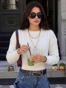 Women's White Cable Knit Short Sweater, Long Sleeve Round Neck Pullover, High Elastic Ribbed Hem, Autumn/Winter Fashion Top - White - View 4