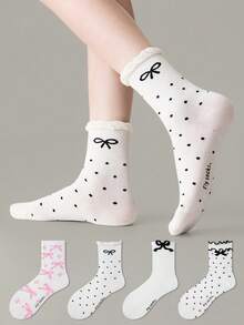 ZUJO 4 Pairs Women's Ruffled Mid-Calf Socks, Bow, Letter, Polka Dot Patterns, Suitable For All Seasons, Elegant Simple Comfortable, Random Color - Multicolor - View 4