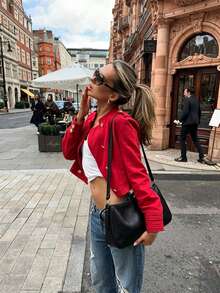 ZAHM Vintage-Inspired Red Short Jacket, Structured Fit With Gold Tone Buttons - Red - View 5