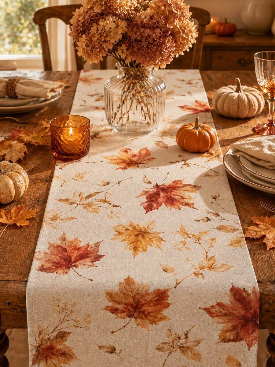 1pc Autumn Maple Leaf Table Runner, Autumn Pumpkin Flower Tablecloth, Rustic Farmhouse Style Tablecloth, Suitable For Thanksgiving Holiday Dinner, Family Gathering, Party - Coral Orange - View 1