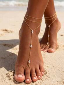 Exotic Vintage Sexy Fashion Multi-Layer Mesh Tassel Beaded Toe Ring Anklet Jewelry, Summer Beach Vacation Accessory, Wedding Party Accessory Gift (Avoid Contact With Water) - Gold - View 15