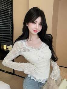 Women's Lace Blouse Inner Layer Long Sleeve Top, Autumn - Apricot - View 6