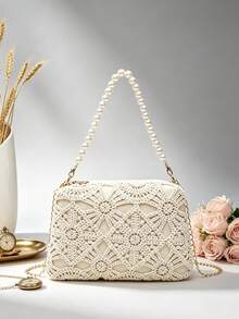 French Hollow Crochet Lace Small Square Bag, Detachable Pearl Handle + Metal Long Chain Strap, Evening Party Date Crossbody Bag - Small Square Bag - View 1