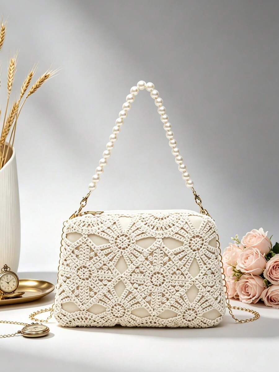 French Hollow Crochet Lace Small Square Bag, Detachable Pearl Handle + Metal Long Chain Strap, Evening Party Date Crossbody Bag - Small Square Bag - View 1