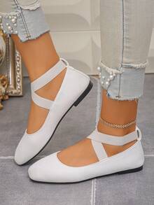 Spring/Autumn New Women's White Flat Shoes, Cross Elastic Band Square Toe Slip-On Soft Versatile Ballet Style Mary Jane Shoes - White - View 1