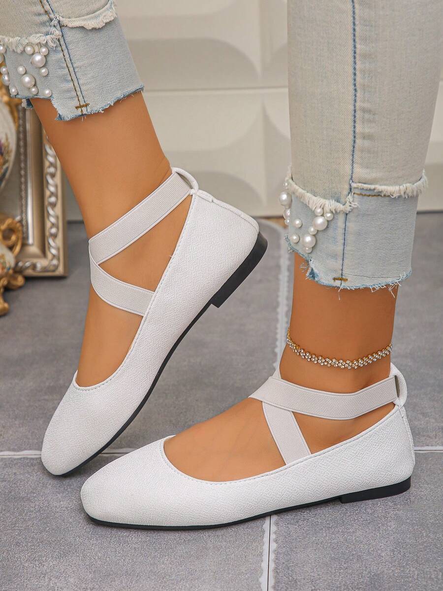 Spring/Autumn New Women's White Flat Shoes, Cross Elastic Band Square Toe Slip-On Soft Versatile Ballet Style Mary Jane Shoes - White - View 1