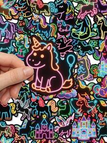50Pcs Neon Fantasy Unicorn Art Stickers, Colorful Line‑Art Magical Creature Waterproof Decorative Stickers, DIY Stationery Accessories For Scrapbooking, Water Bottles - Multicolor - View 3