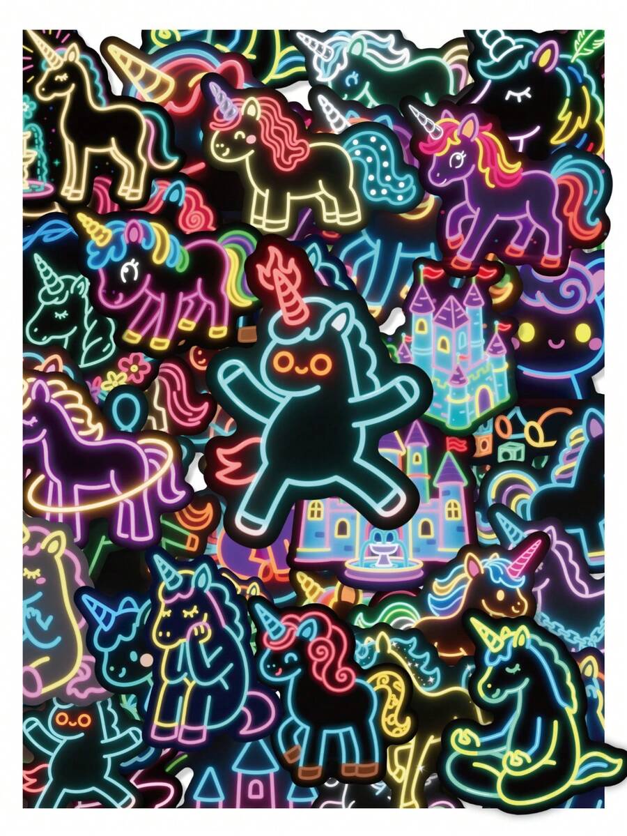 50Pcs Neon Fantasy Unicorn Art Stickers, Colorful Line‑Art Magical Creature Waterproof Decorative Stickers, DIY Stationery Accessories For Scrapbooking, Water Bottles - Multicolor - View 1